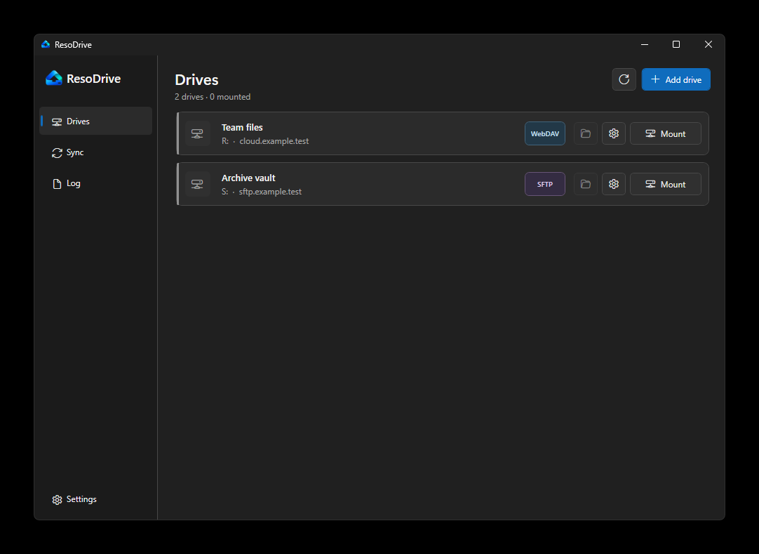 ResoDrive showing a WebDAV drive and an SFTP drive