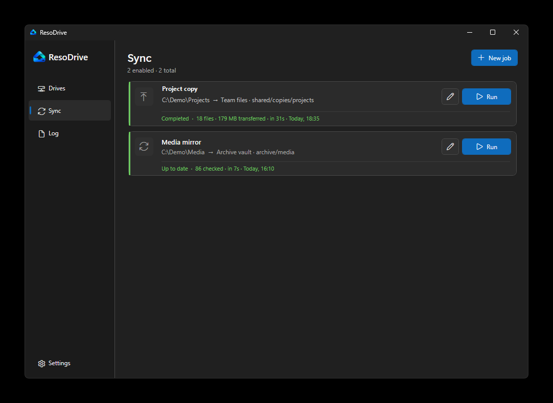 ResoDrive copy and sync jobs with recent results